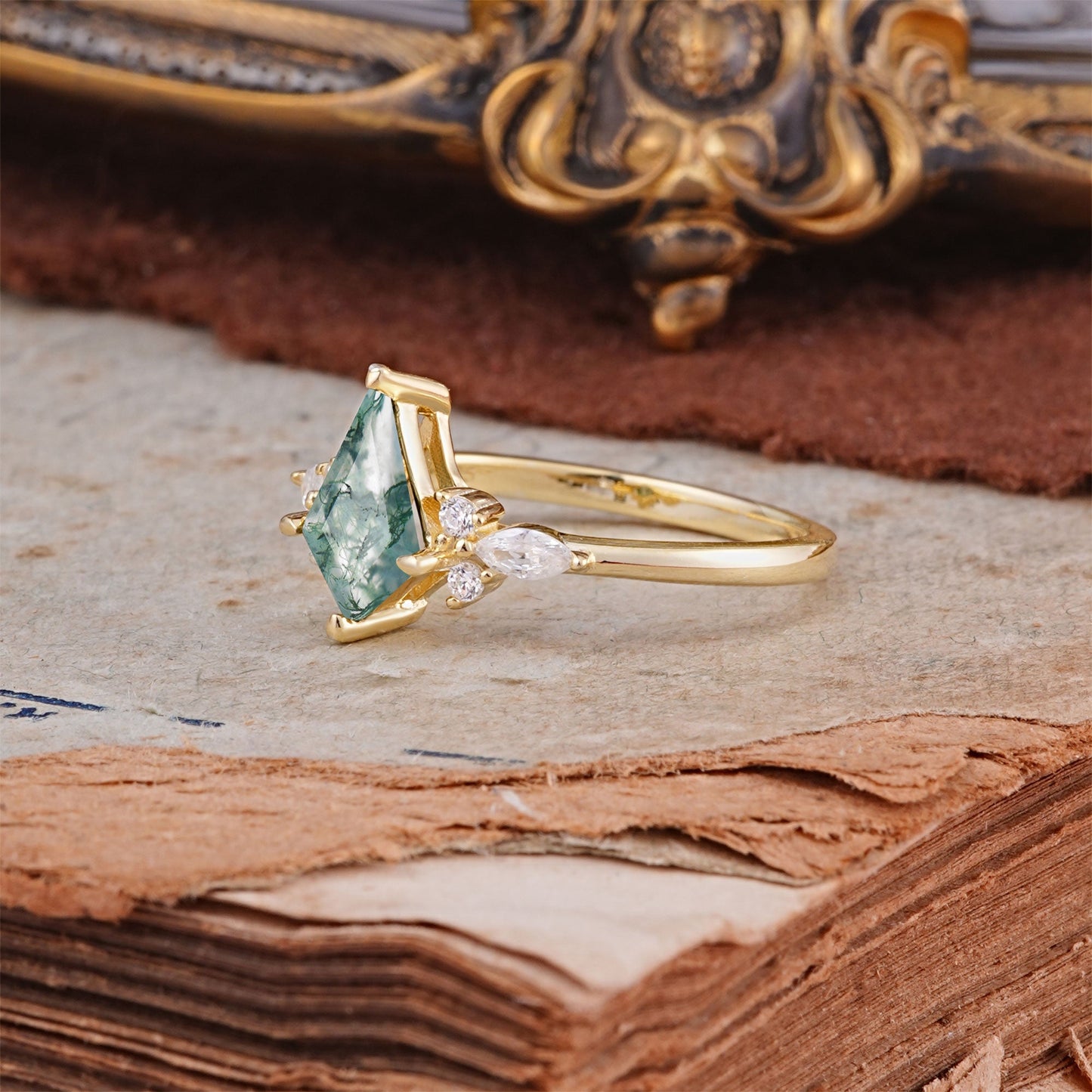 Classic 4 Prong Kite Cut Moss Agate Engagement Ring