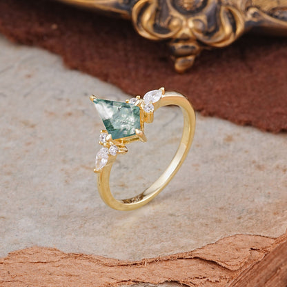 Classic 4 Prong Kite Cut Moss Agate Engagement Ring