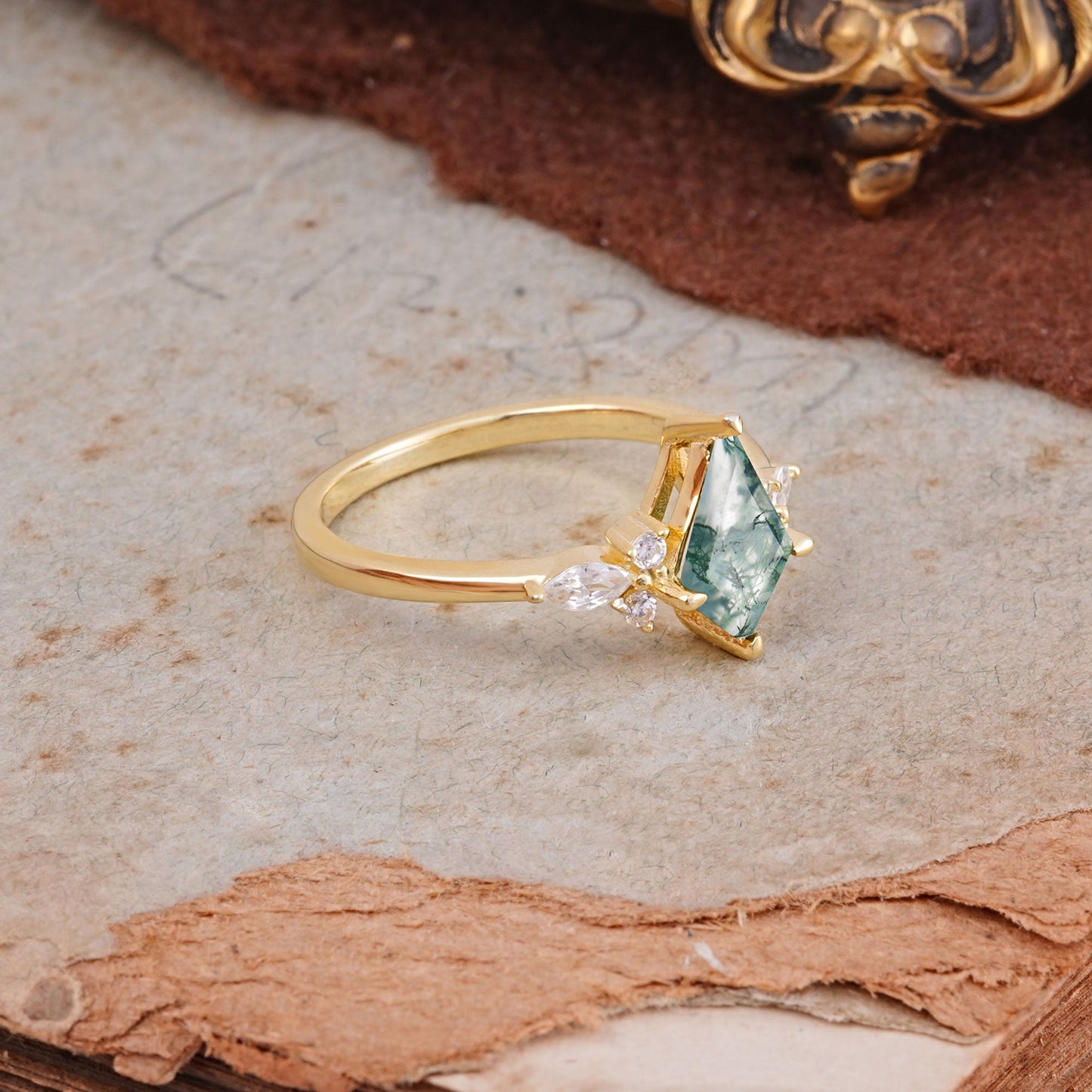Classic 4 Prong Kite Cut Moss Agate Engagement Ring