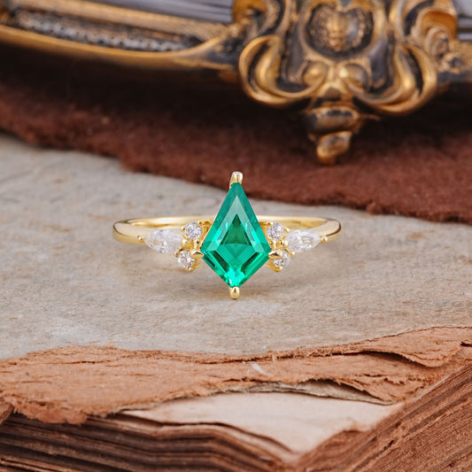 Classic 4 Prong Kite Cut Emerald Engagement Ring