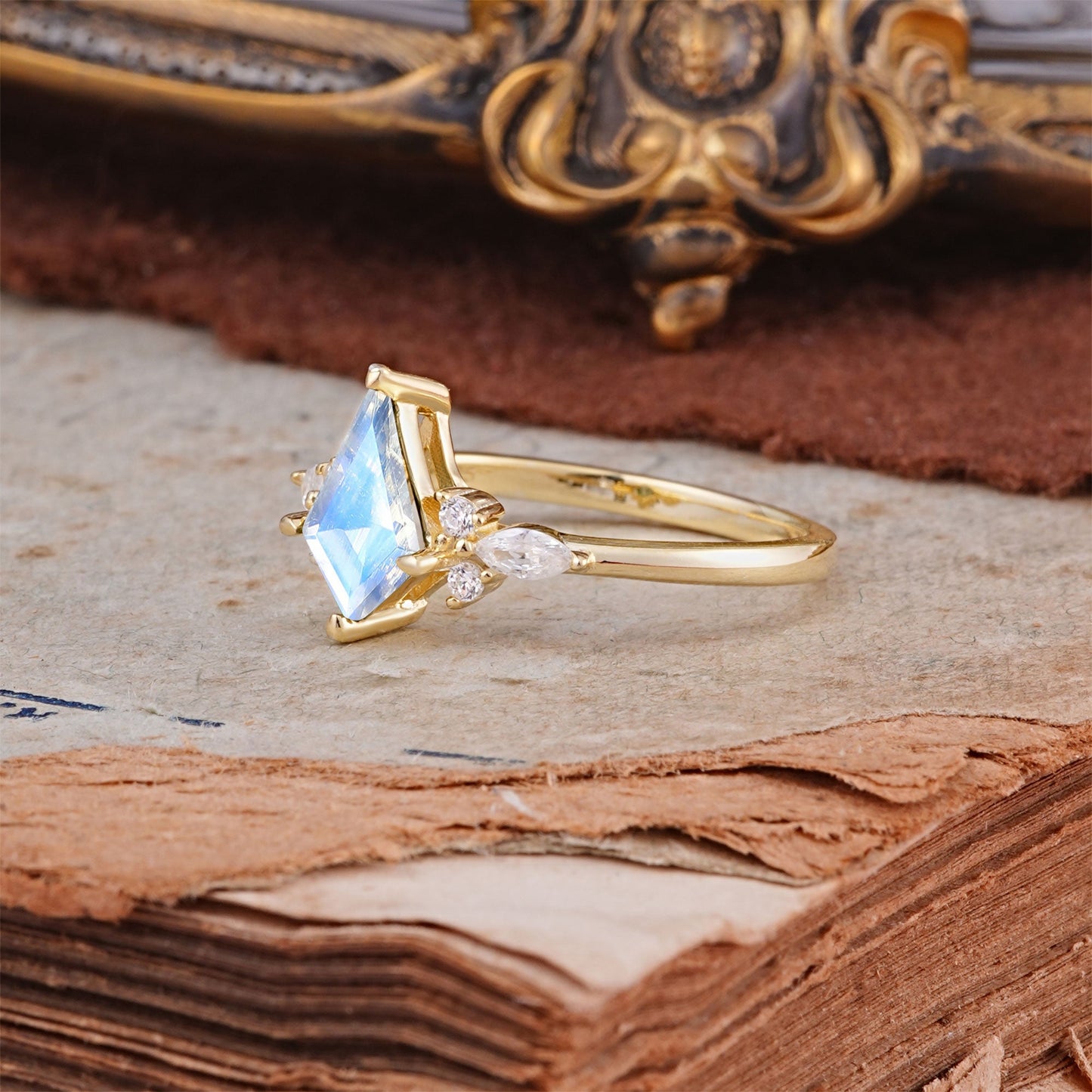 Classic 4 Prong Kite Cut Moonstone Engagement Ring