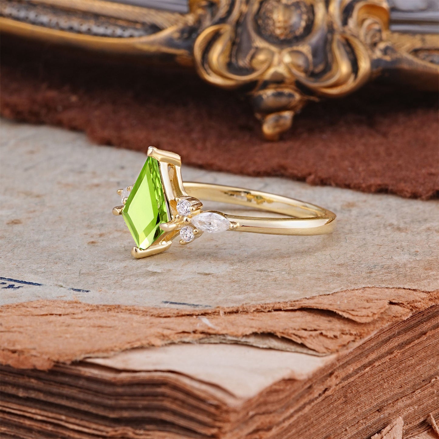Classic 4 Prong Kite Cut Peridot Engagement Ring
