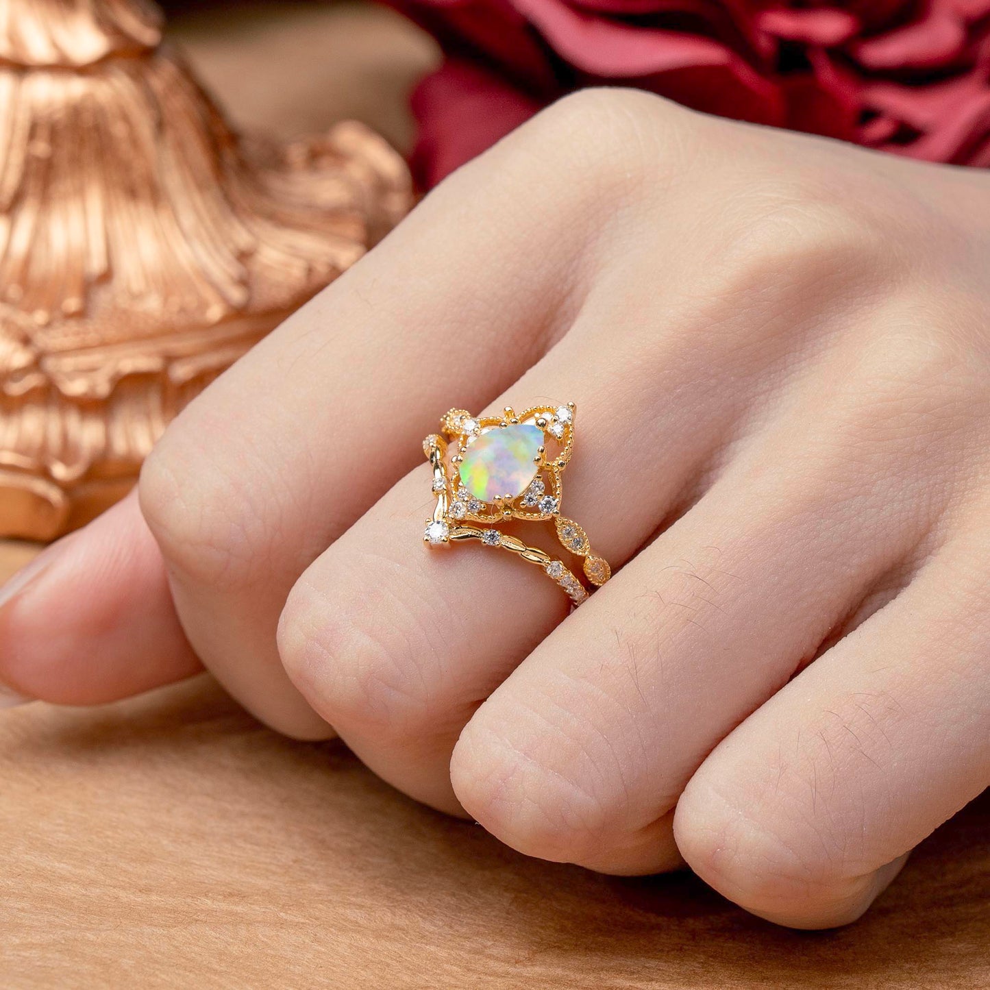 Luxury Vintage  Pear-Cut Opal Bridal Ring Set