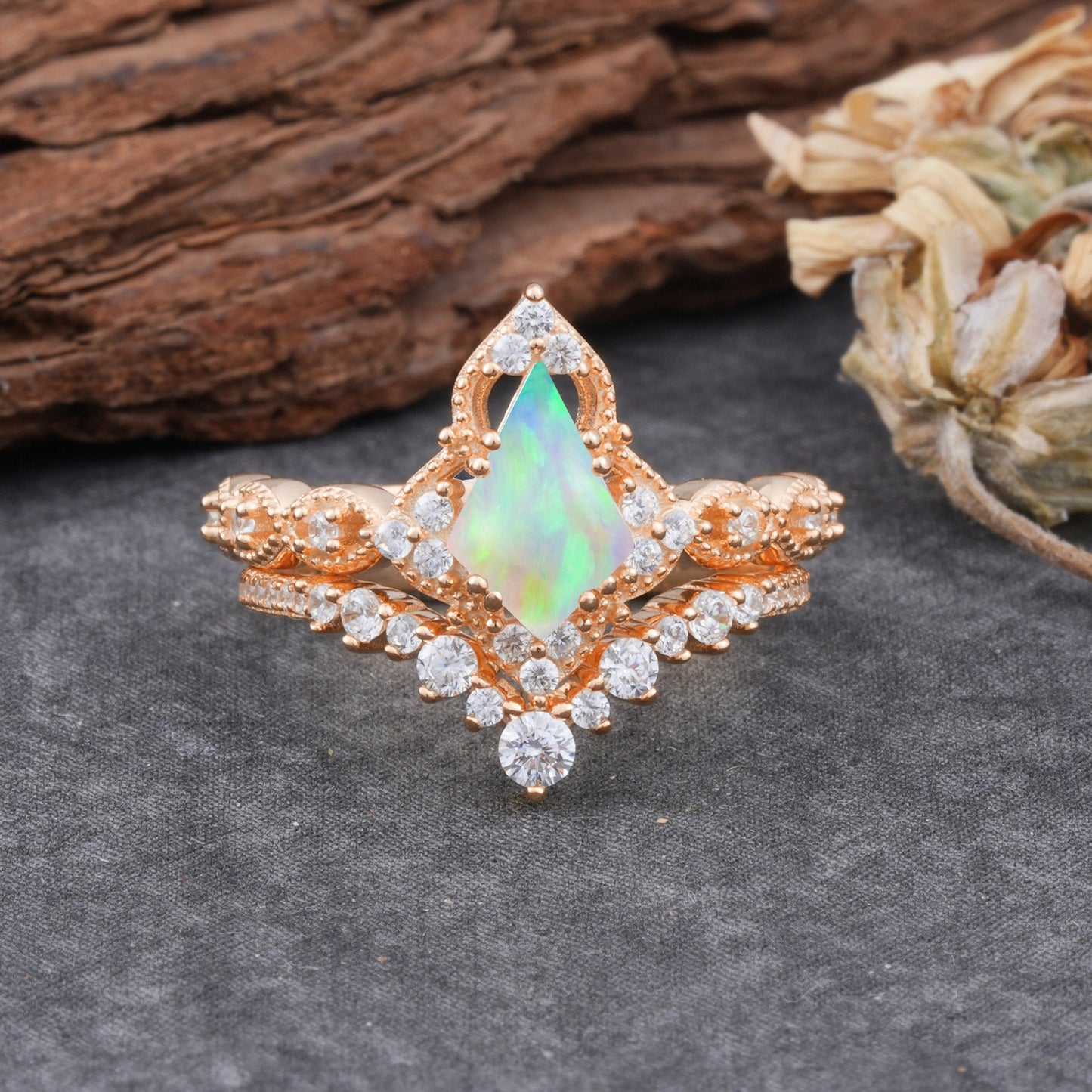 Unique Cut Kite Cut Opal Cluster Bridal Ring Set