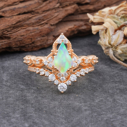 Unique Cut Kite Cut Opal Cluster Bridal Ring Set