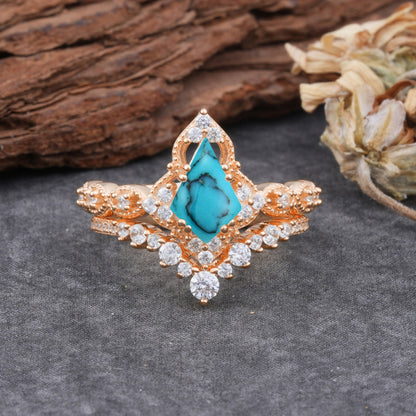 Unique Cut Kite Cut Turquoise Cluster Bridal Ring Set