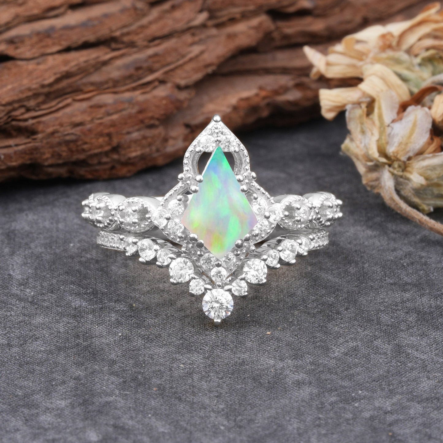 Unique Cut Kite Cut Opal Cluster Bridal Ring Set