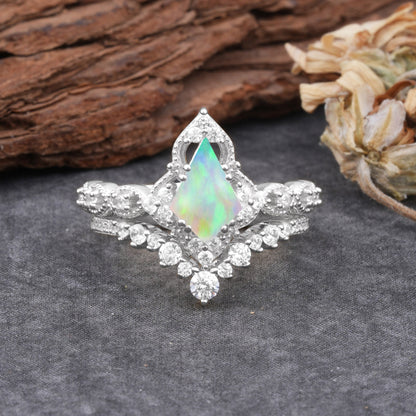 Unique Cut Kite Cut Opal Cluster Bridal Ring Set