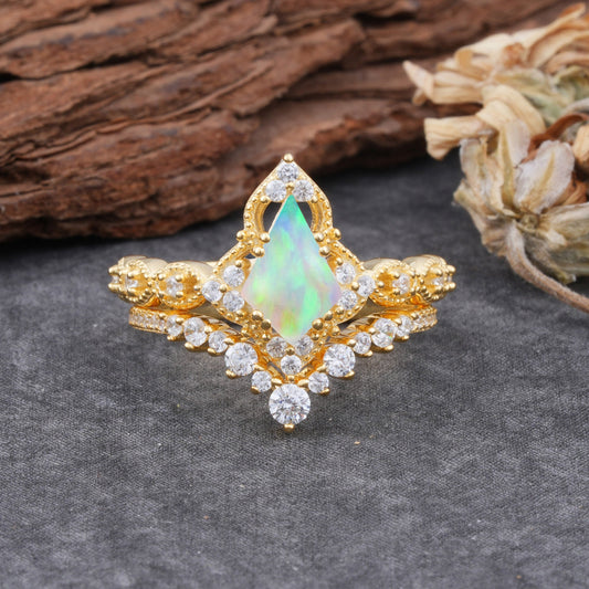 Unique Cut Kite Cut Opal Cluster Bridal Ring Set