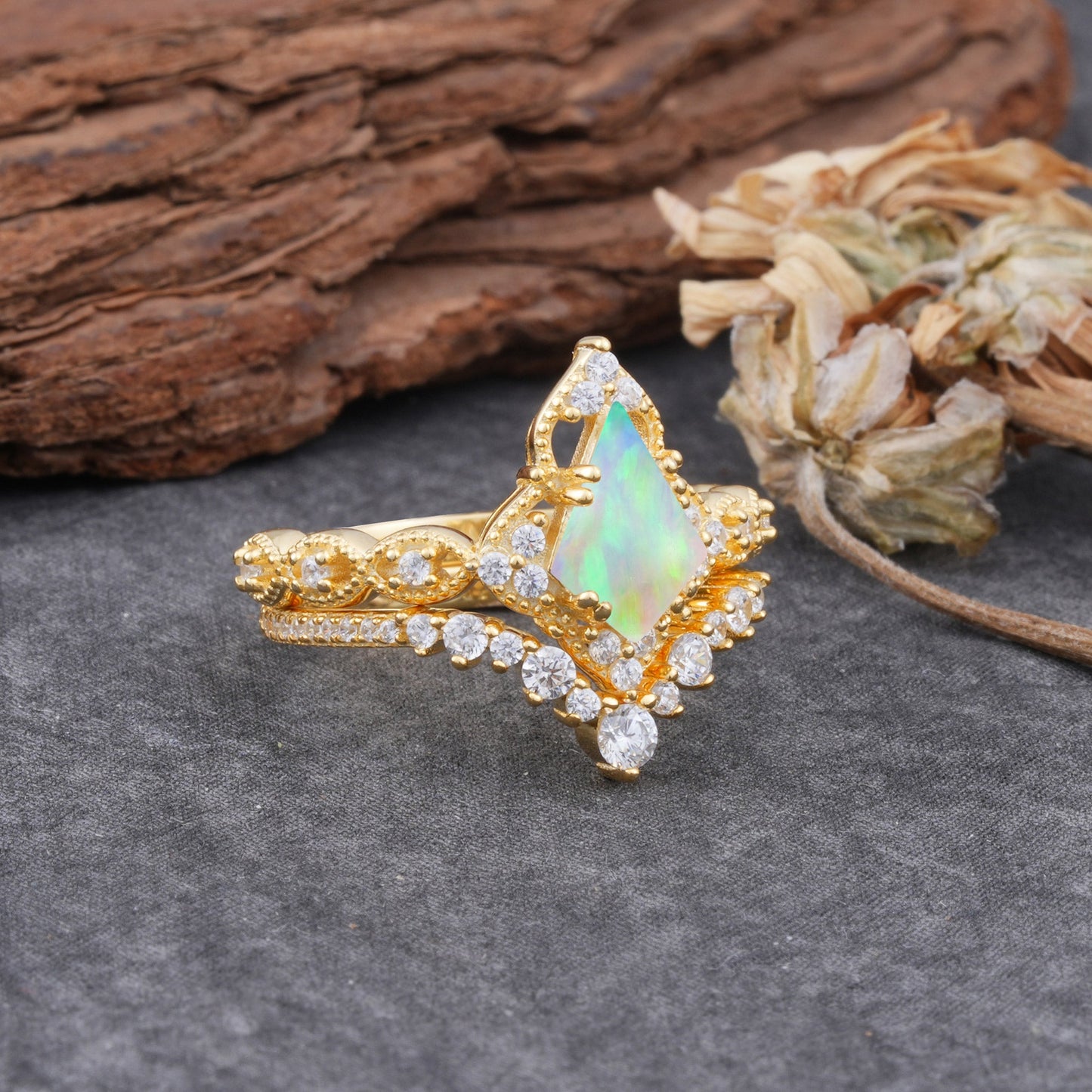 Unique Cut Kite Cut Opal Cluster Bridal Ring Set