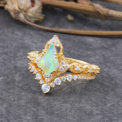 Unique Cut Kite Cut Opal Cluster Bridal Ring Set