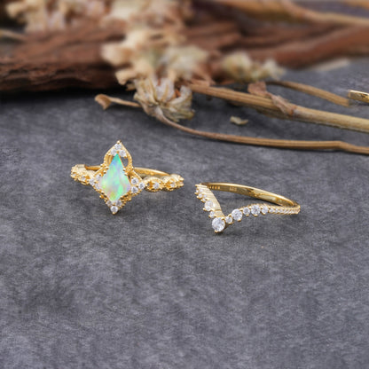 Unique Cut Kite Cut Opal Cluster Bridal Ring Set