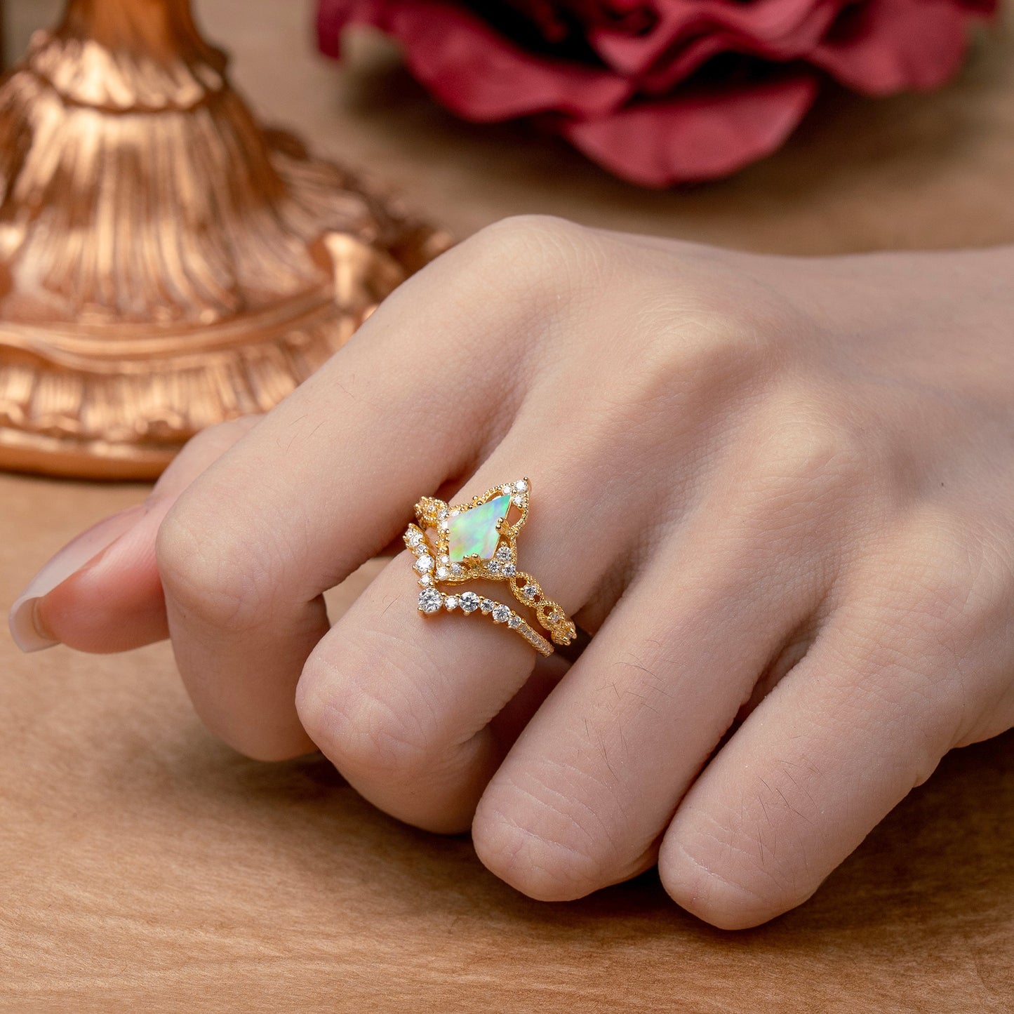 Unique Cut Kite Cut Opal Cluster Bridal Ring Set