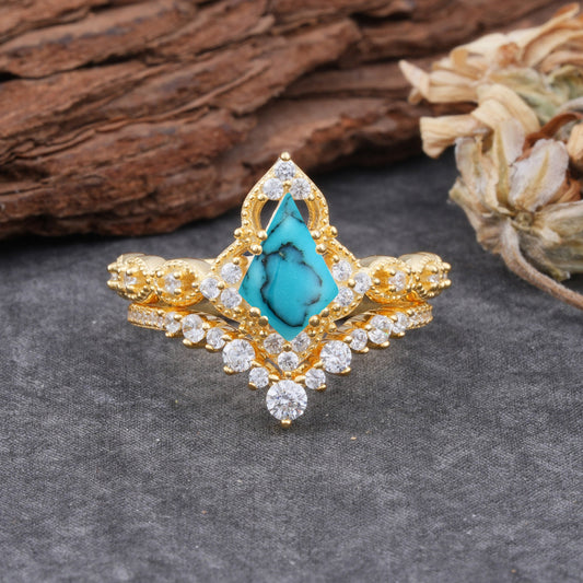 Unique Cut Kite Cut Turquoise Cluster Bridal Ring Set