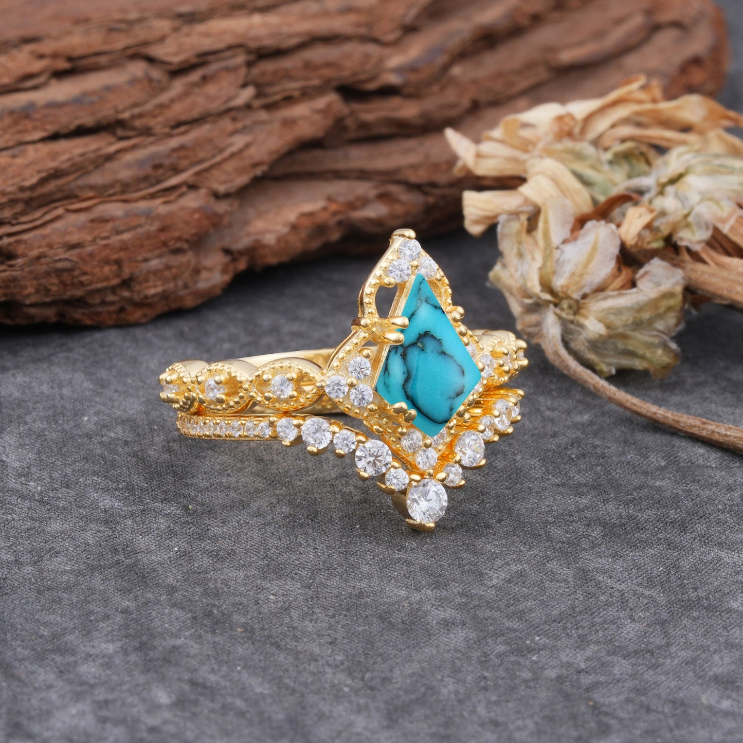 Unique Cut Kite Cut Turquoise Cluster Bridal Ring Set