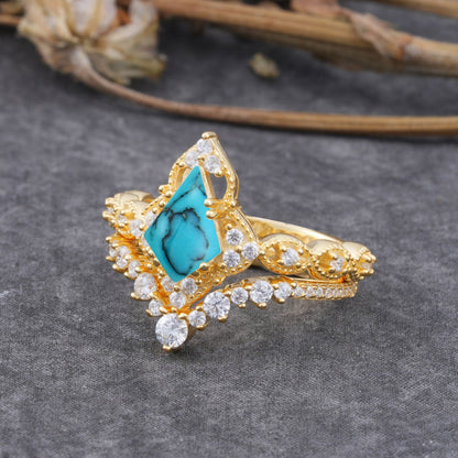 Unique Cut Kite Cut Turquoise Cluster Bridal Ring Set