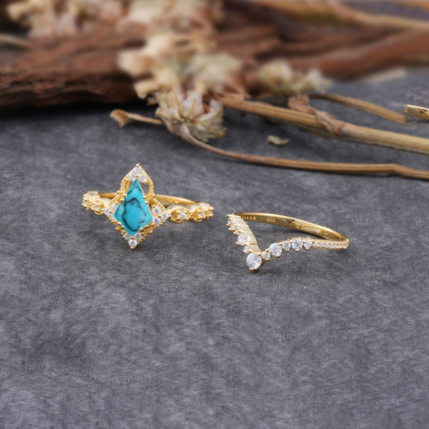 Unique Cut Kite Cut Turquoise Cluster Bridal Ring Set