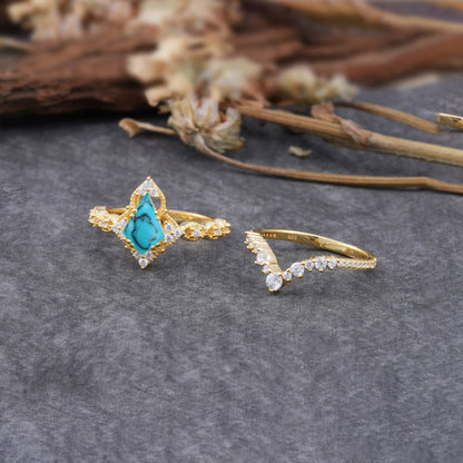 Unique Cut Kite Cut Turquoise Cluster Bridal Ring Set