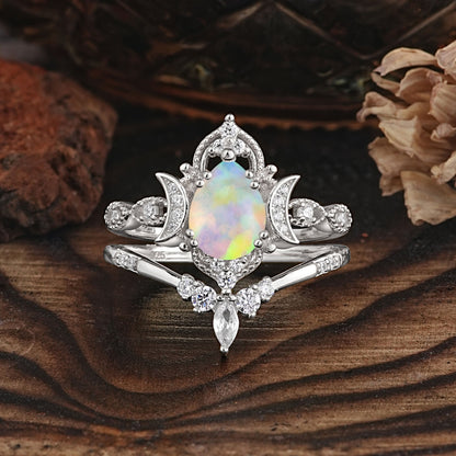 Elegant 5 Prong Pear-Cut Opal Bridal Ring Set