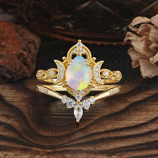 Elegant 5 Prong Pear-Cut Opal Bridal Ring Set