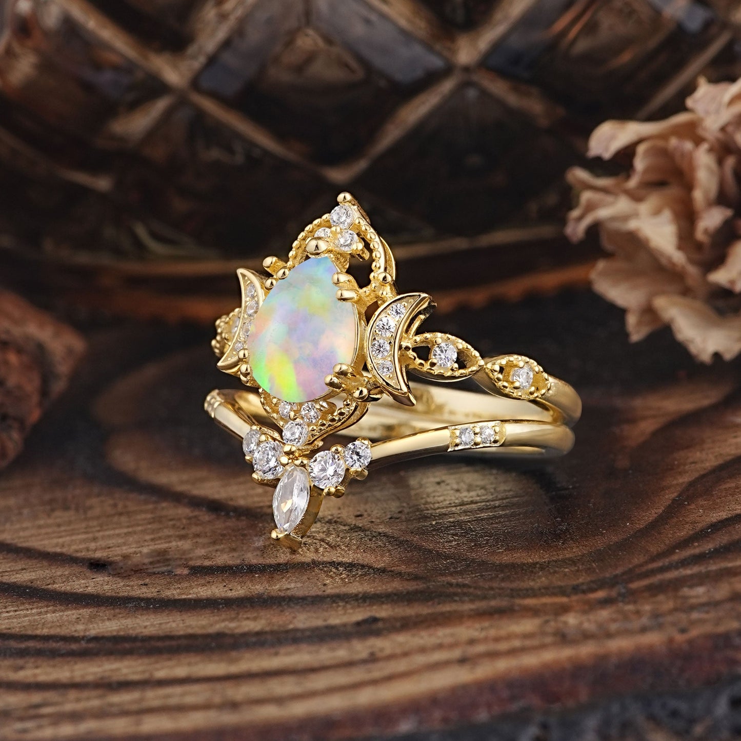 Elegant 5 Prong Pear-Cut Opal Bridal Ring Set