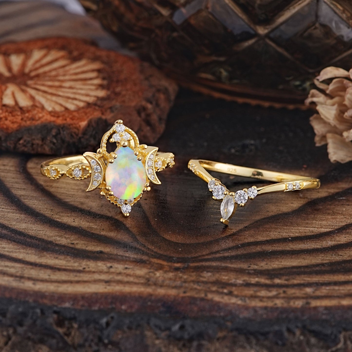Elegant 5 Prong Pear-Cut Opal Bridal Ring Set
