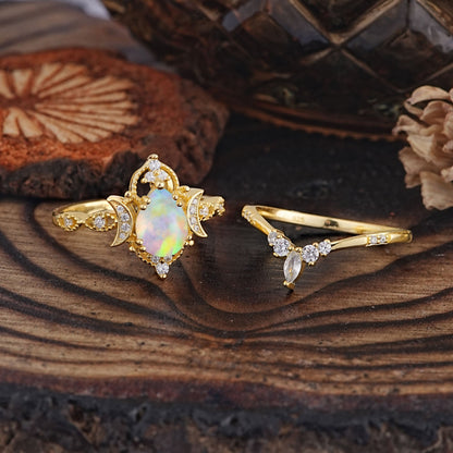 Elegant 5 Prong Pear-Cut Opal Bridal Ring Set