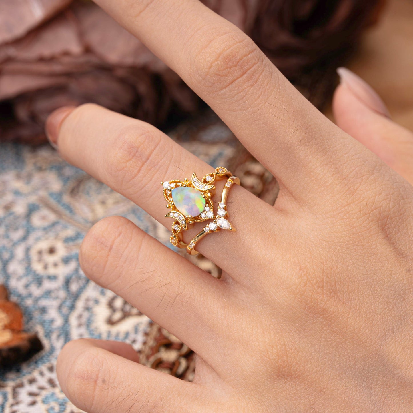 Elegant 5 Prong Pear-Cut Opal Bridal Ring Set