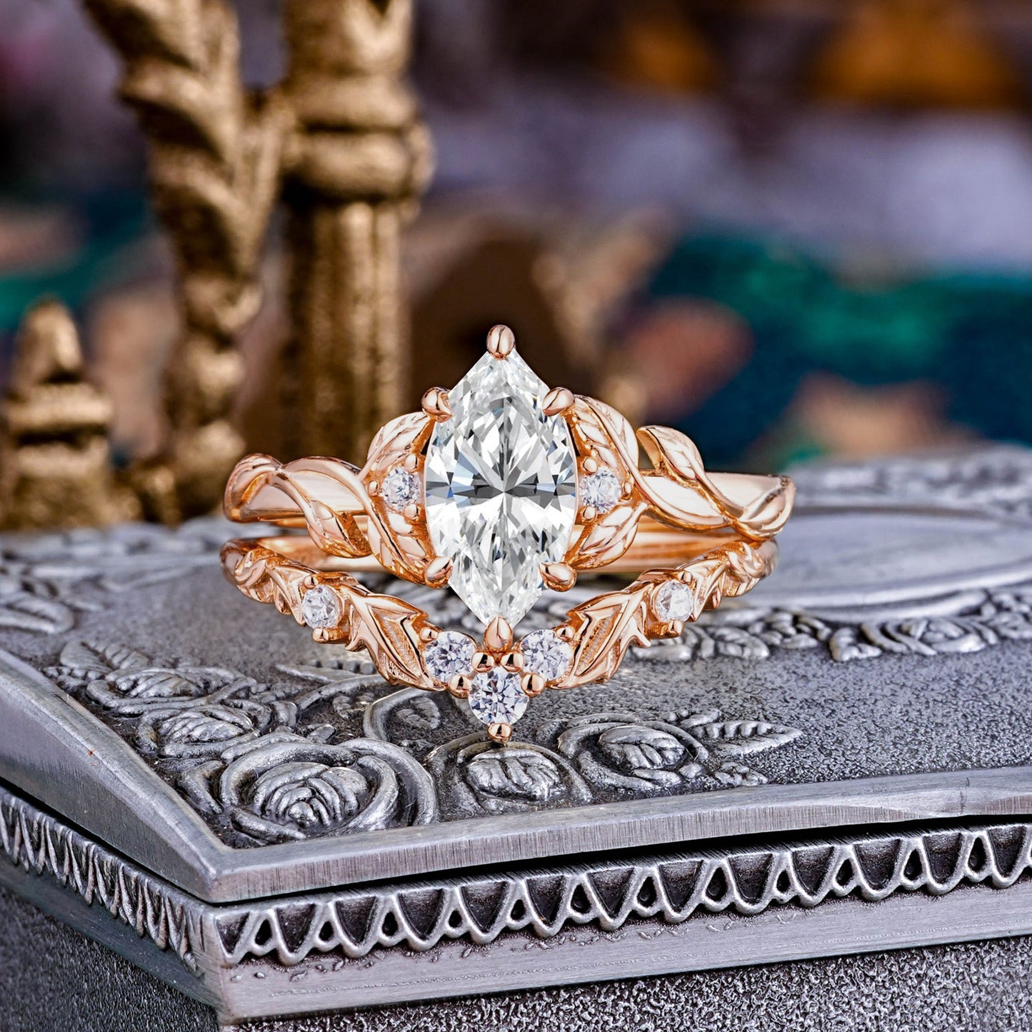 Customer-Made-Nature-Inspired 6 Prong 1.5ct Marquise Lab Diamond Bridal Ring Set with Vine Motif
