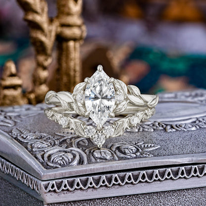 Customer-Made-Nature-Inspired 6 Prong 1.5ct Marquise Lab Diamond Bridal Ring Set with Vine Motif