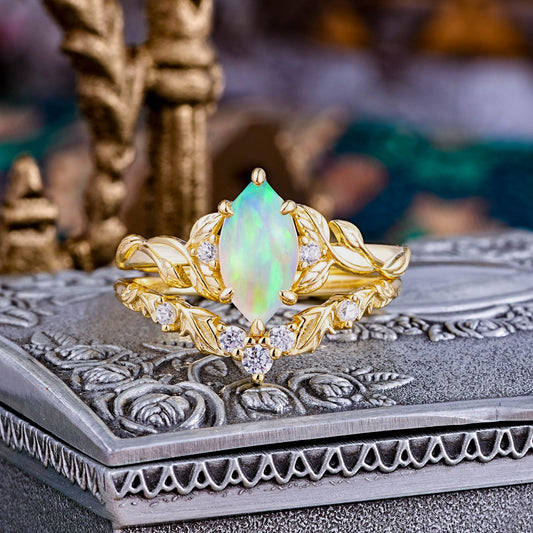 1 Carat Marquise Opal Nature-Inspired Vine Bridal Ring Set