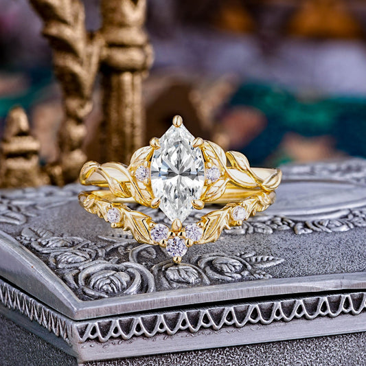 Customer-Made-Nature-Inspired 6 Prong 1.5ct Marquise Lab Diamond Bridal Ring Set with Vine Motif