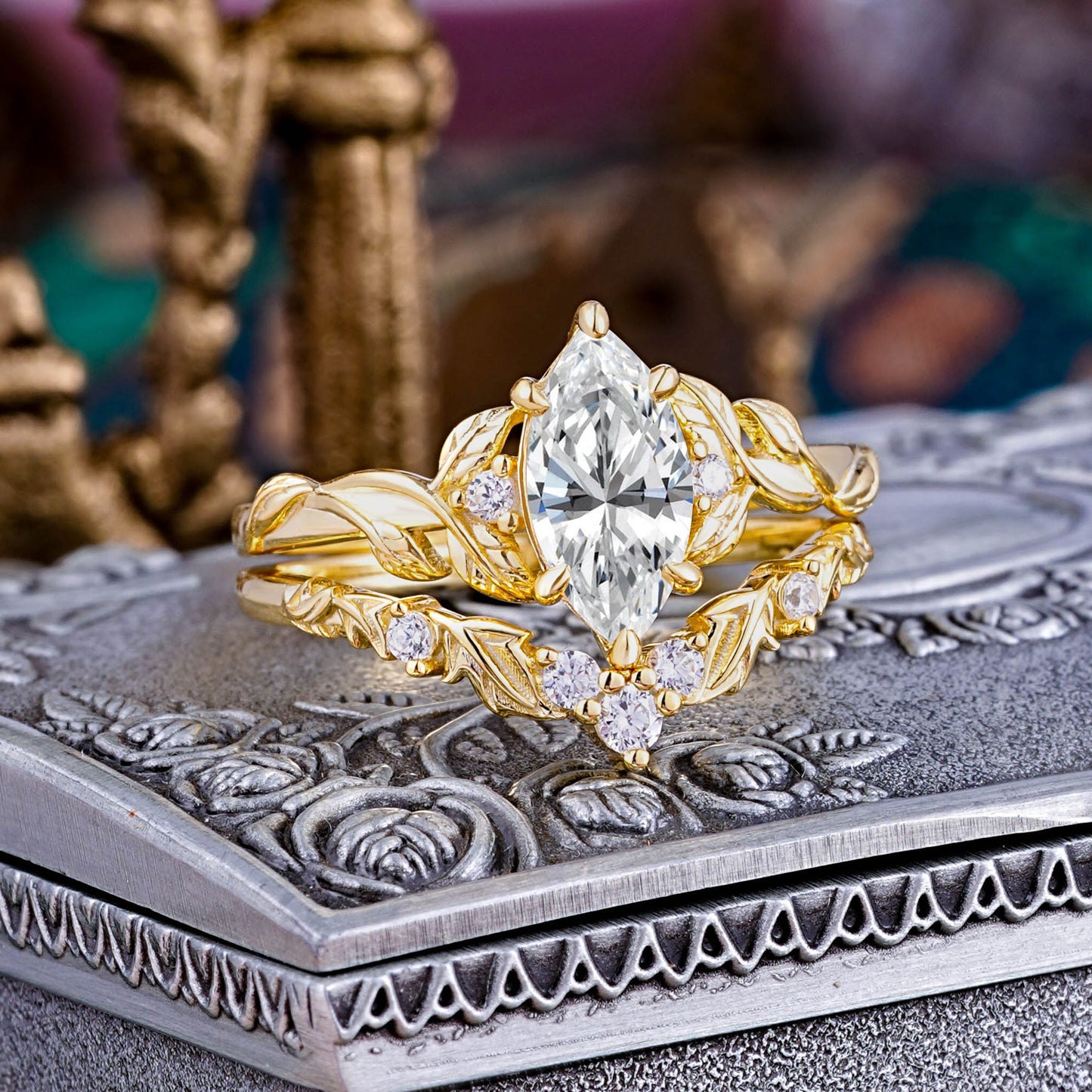 Customer-Made-Nature-Inspired 6 Prong 1.5ct Marquise Lab Diamond Bridal Ring Set with Vine Motif