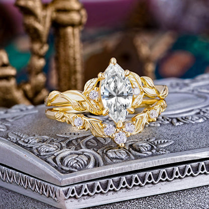 Customer-Made-Nature-Inspired 6 Prong 1.5ct Marquise Lab Diamond Bridal Ring Set with Vine Motif