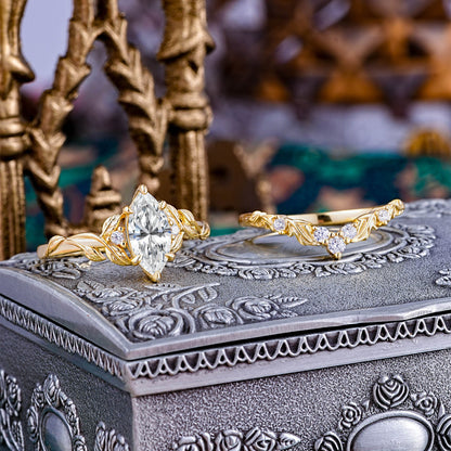 Customer-Made-Nature-Inspired 6 Prong 1.5ct Marquise Lab Diamond Bridal Ring Set with Vine Motif
