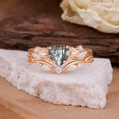 4-Prong Nature-Inspired Heart-Cut Black Rutilated Quartz Engagement Ring Set