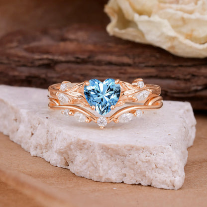 4-Prong Nature-Inspired Heart-Cut Aquamarine Engagement Ring Set