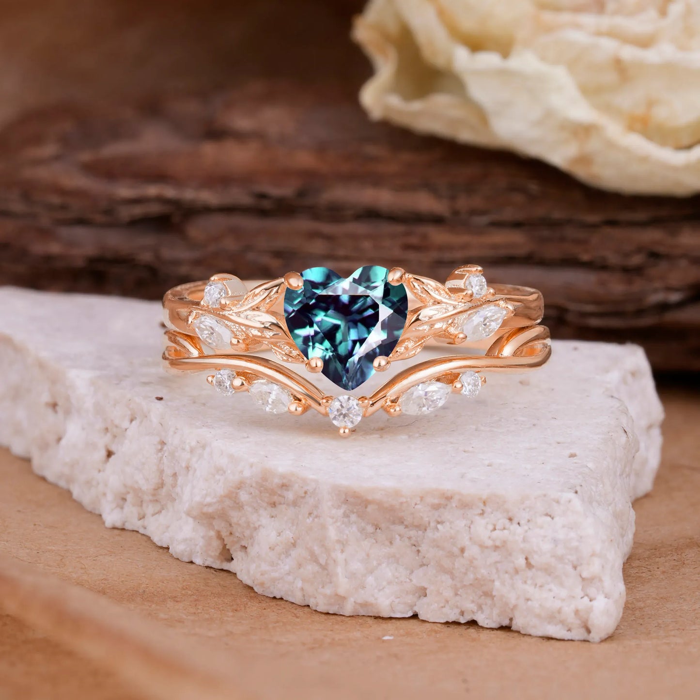 4-Prong Nature-Inspired Heart-Cut Alexandrite Engagement Ring Set