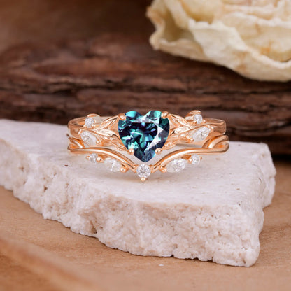 4-Prong Nature-Inspired Heart-Cut Alexandrite Engagement Ring Set