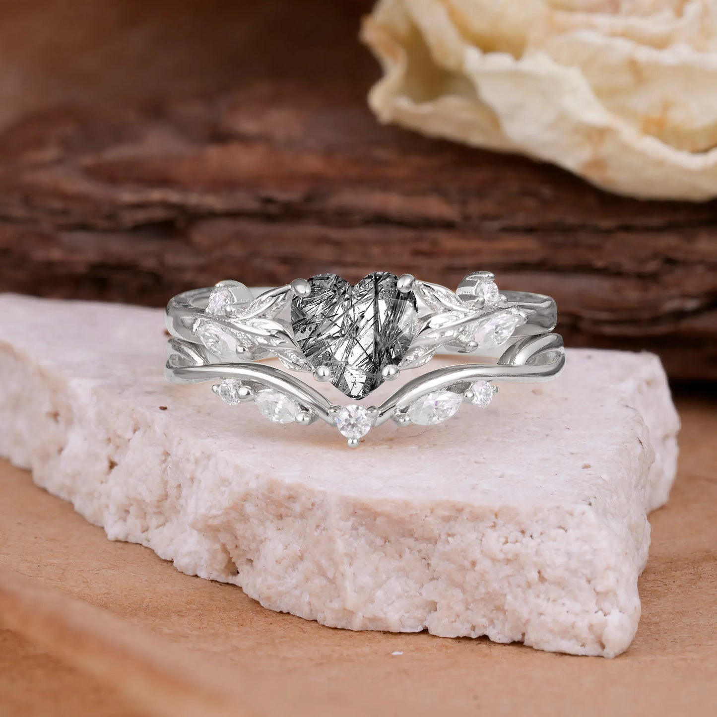 4-Prong Nature-Inspired Heart-Cut Black Rutilated Quartz Engagement Ring Set