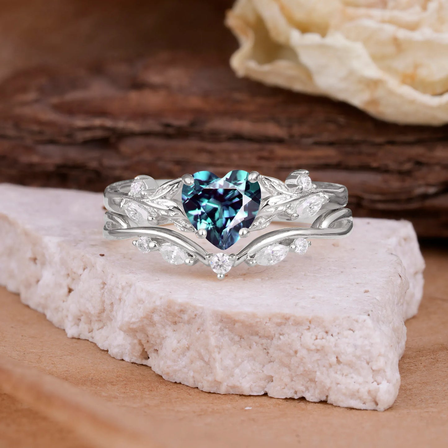 4-Prong Nature-Inspired Heart-Cut Alexandrite Engagement Ring Set