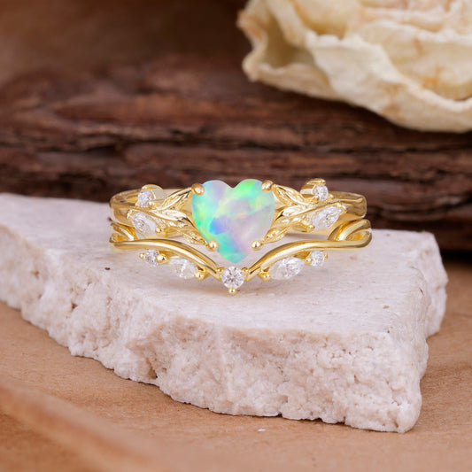 4-Prong Nature-Inspired Heart-Shaped Opal Bridal Ring Set