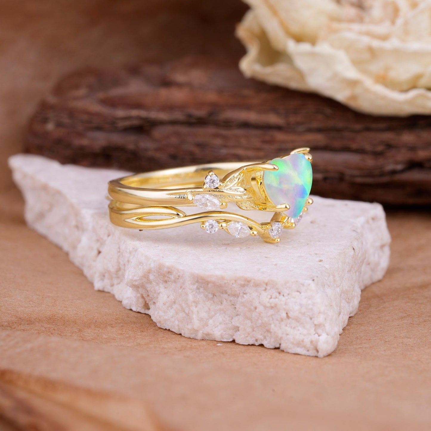 4-Prong Nature-Inspired Heart-Shaped Opal Bridal Ring Set