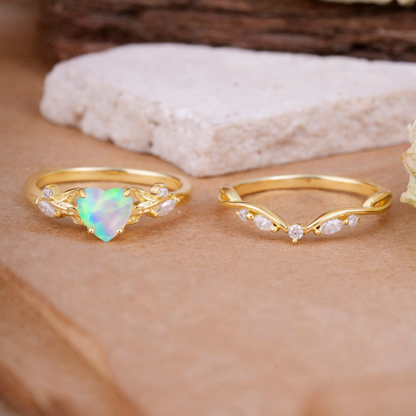 4-Prong Nature-Inspired Heart-Shaped Opal Bridal Ring Set