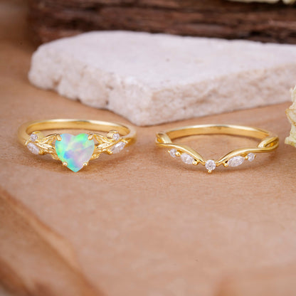 4-Prong Nature-Inspired Heart-Shaped Opal Bridal Ring Set