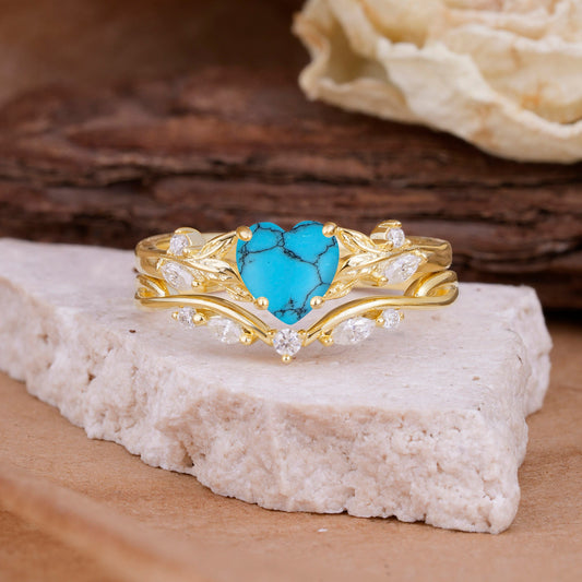 4-Prong Nature-Inspired Heart-Shaped Turquoise Bridal Ring Set