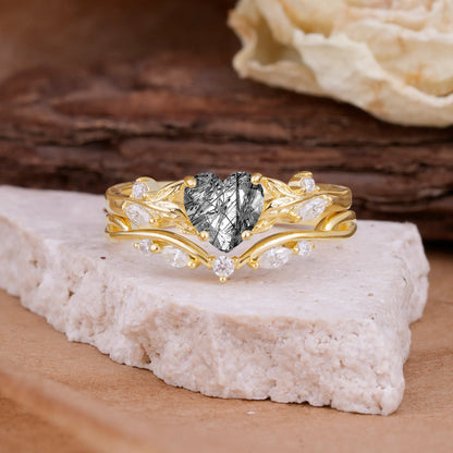 4-Prong Nature-Inspired Heart-Cut Black Rutilated Quartz Engagement Ring Set
