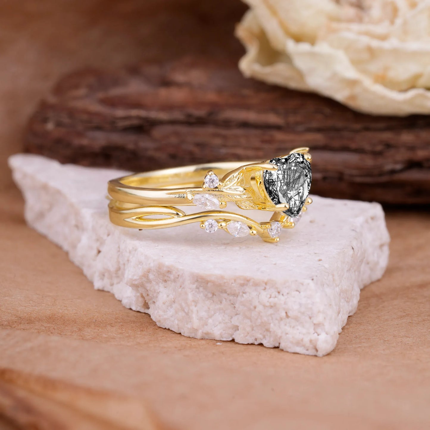 4-Prong Nature-Inspired Heart-Cut Black Rutilated Quartz Engagement Ring Set