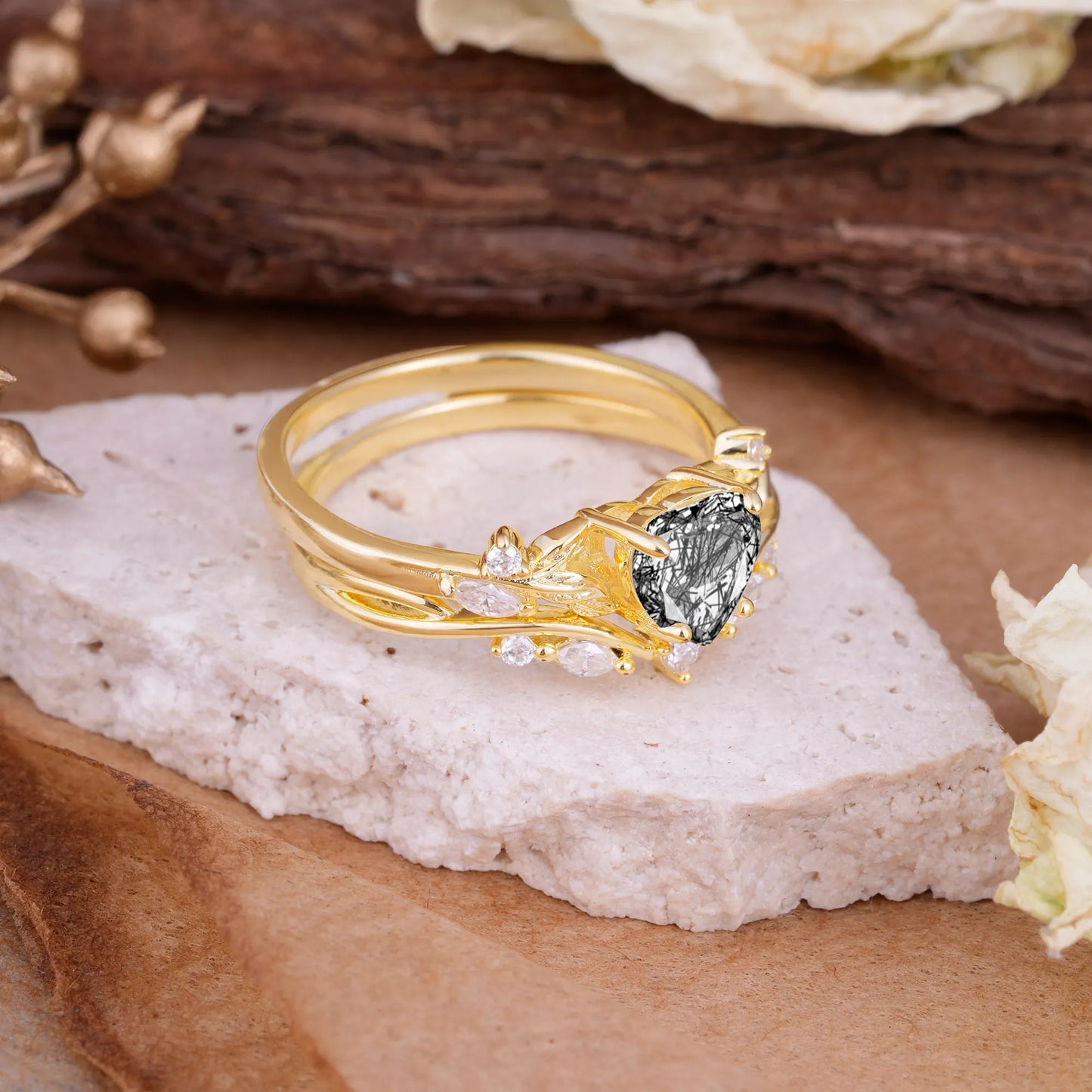 4-Prong Nature-Inspired Heart-Cut Black Rutilated Quartz Engagement Ring Set