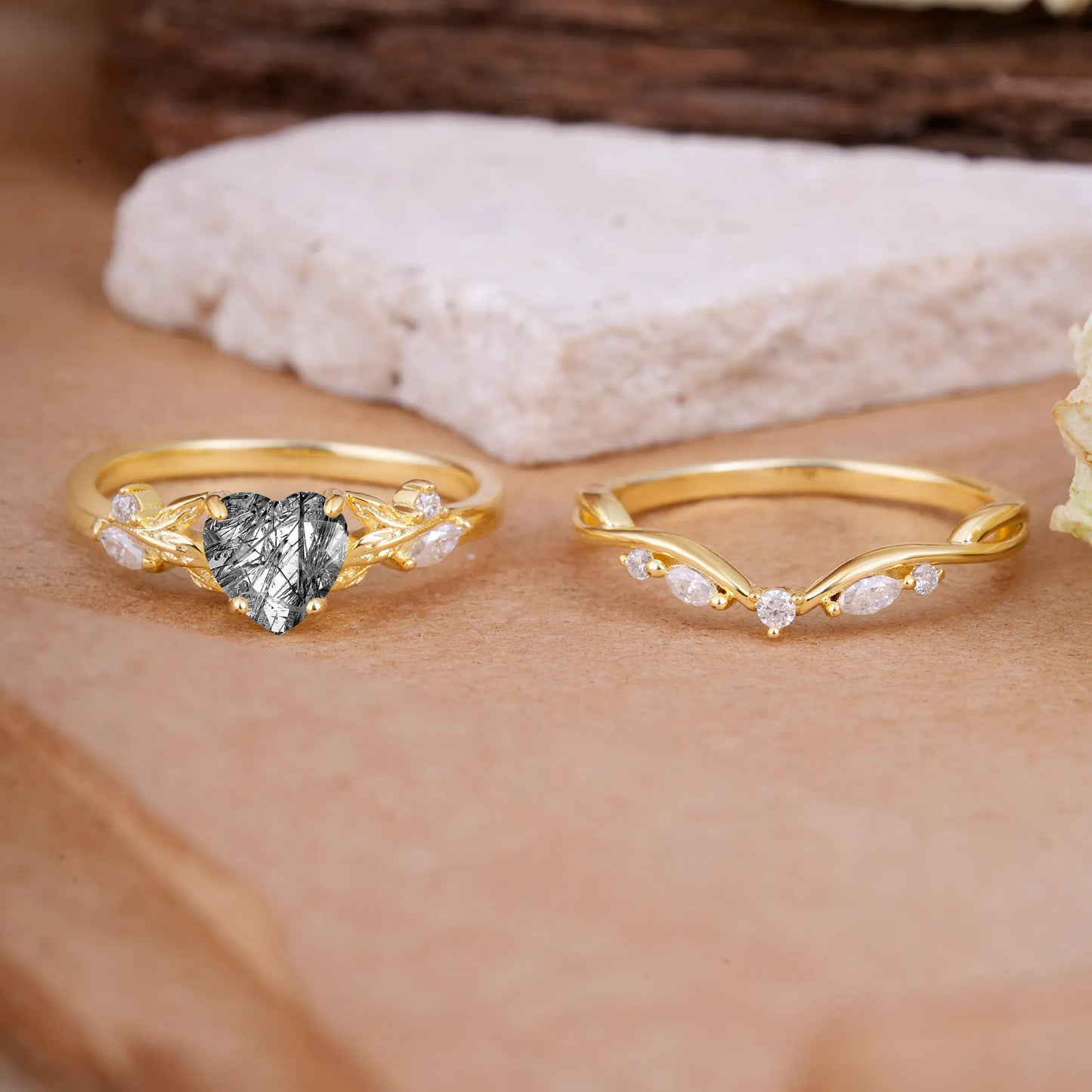 4-Prong Nature-Inspired Heart-Cut Black Rutilated Quartz Engagement Ring Set
